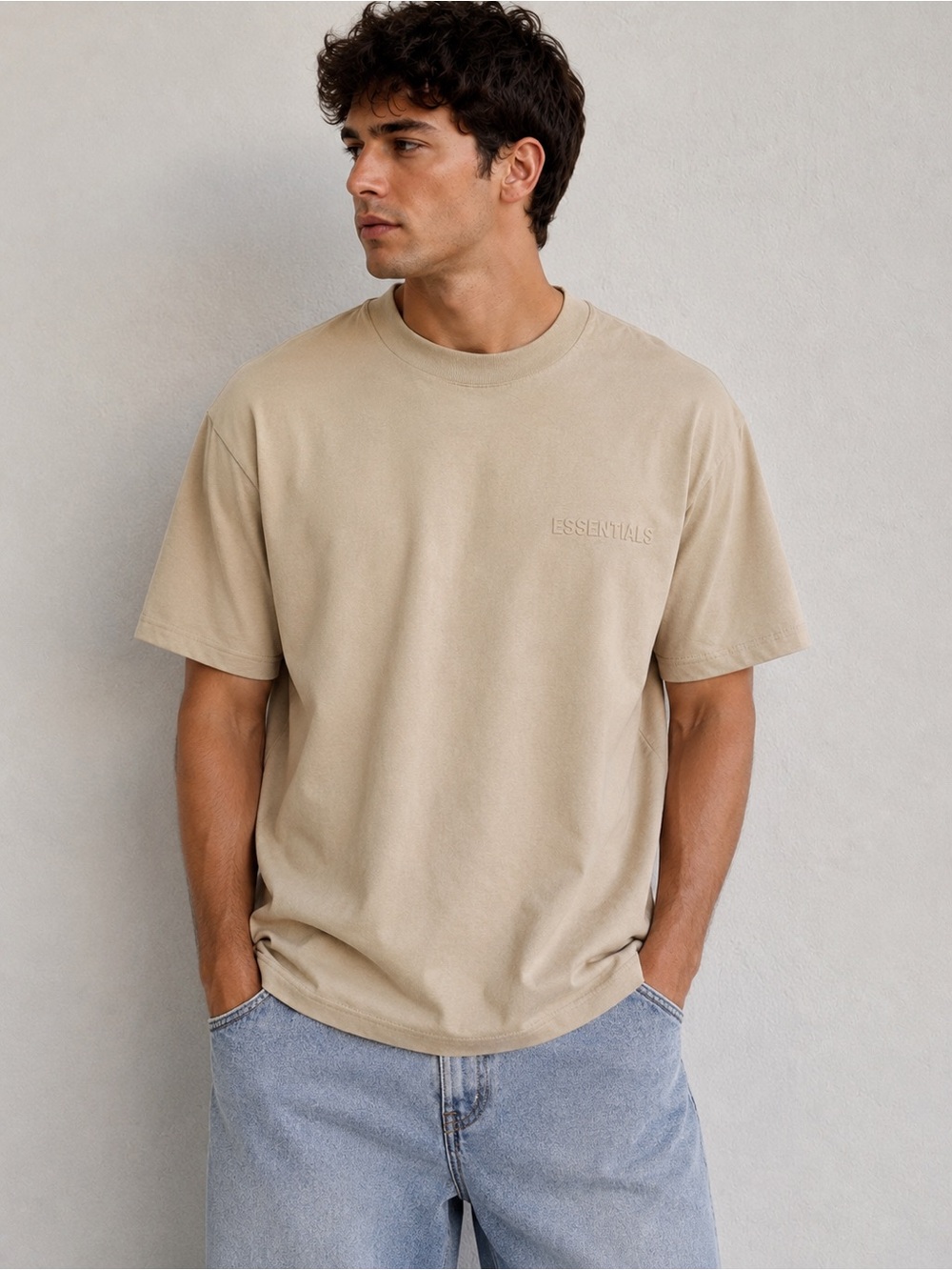 Essentials Fear Of God XXL Men’s Beige T Shirt Rubber Logo Classic Streetwear